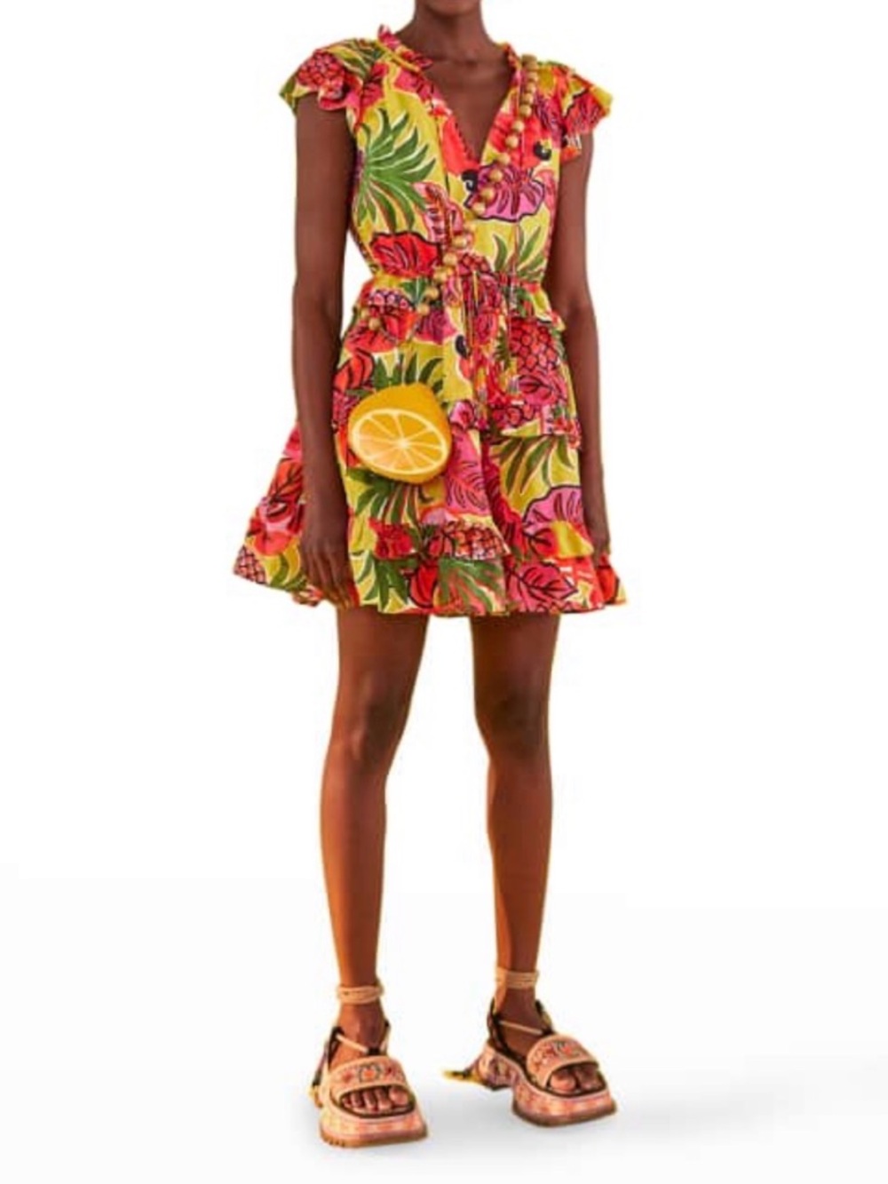 FARM Rio YELLOW FRUIT DREAM RUFFLE MINI DRESS - Picture 2 of 6